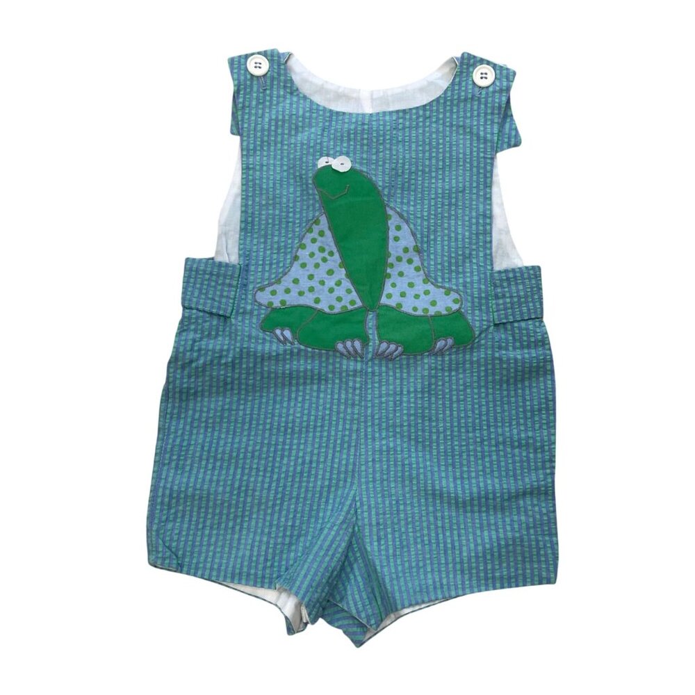 Vintage Chocolate Soup Seersucker Shortalls Boys Size 3T Turtle Applique USA